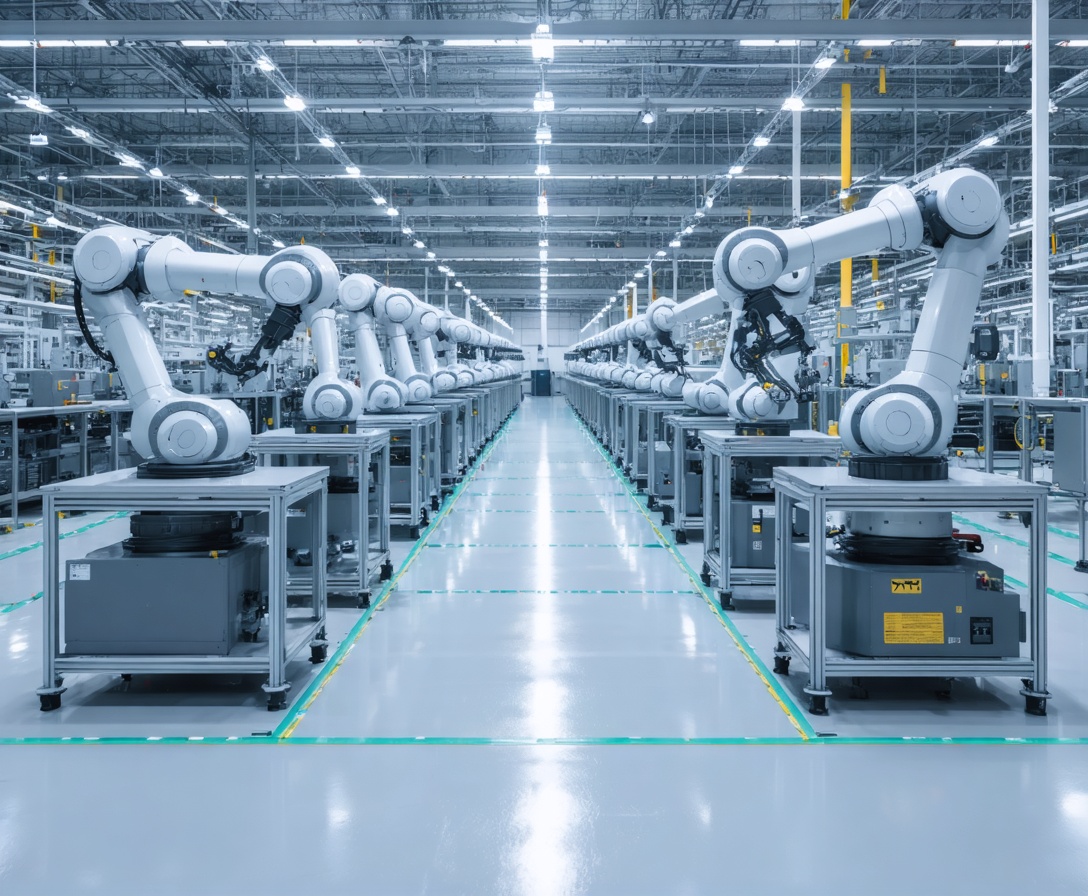 Automatisierte Roboterarme in einer hochmodernen Fertigungshalle