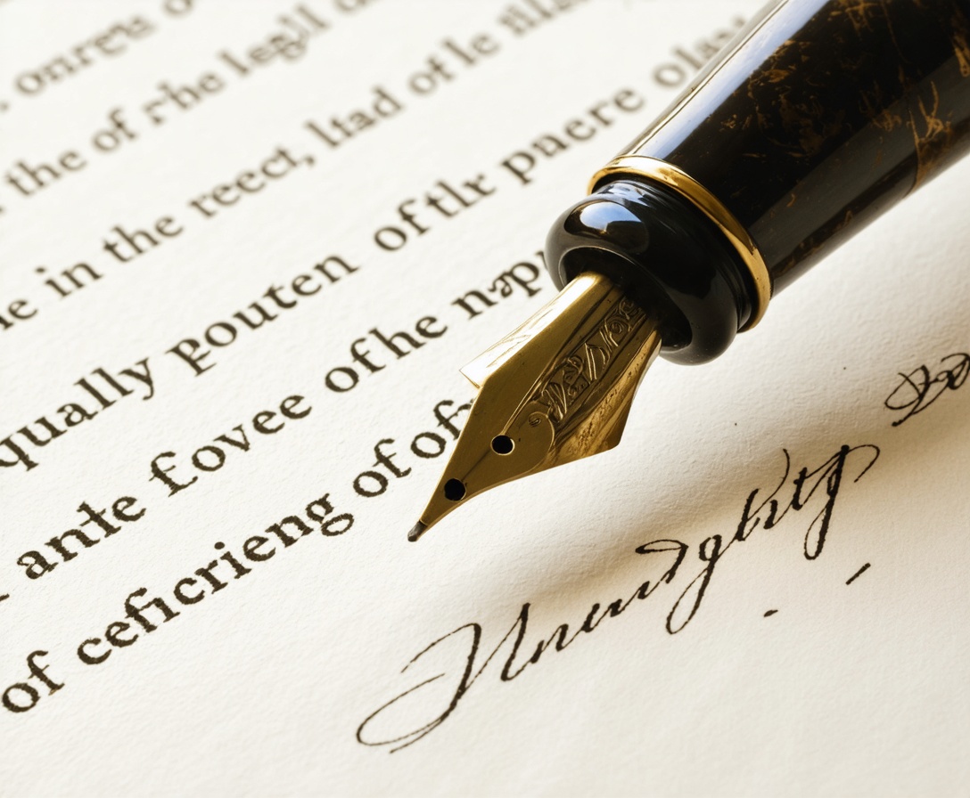 Detailaufnahme eines unterzeichneten Vertrags mit einem hochwertigen Füllfederhalter