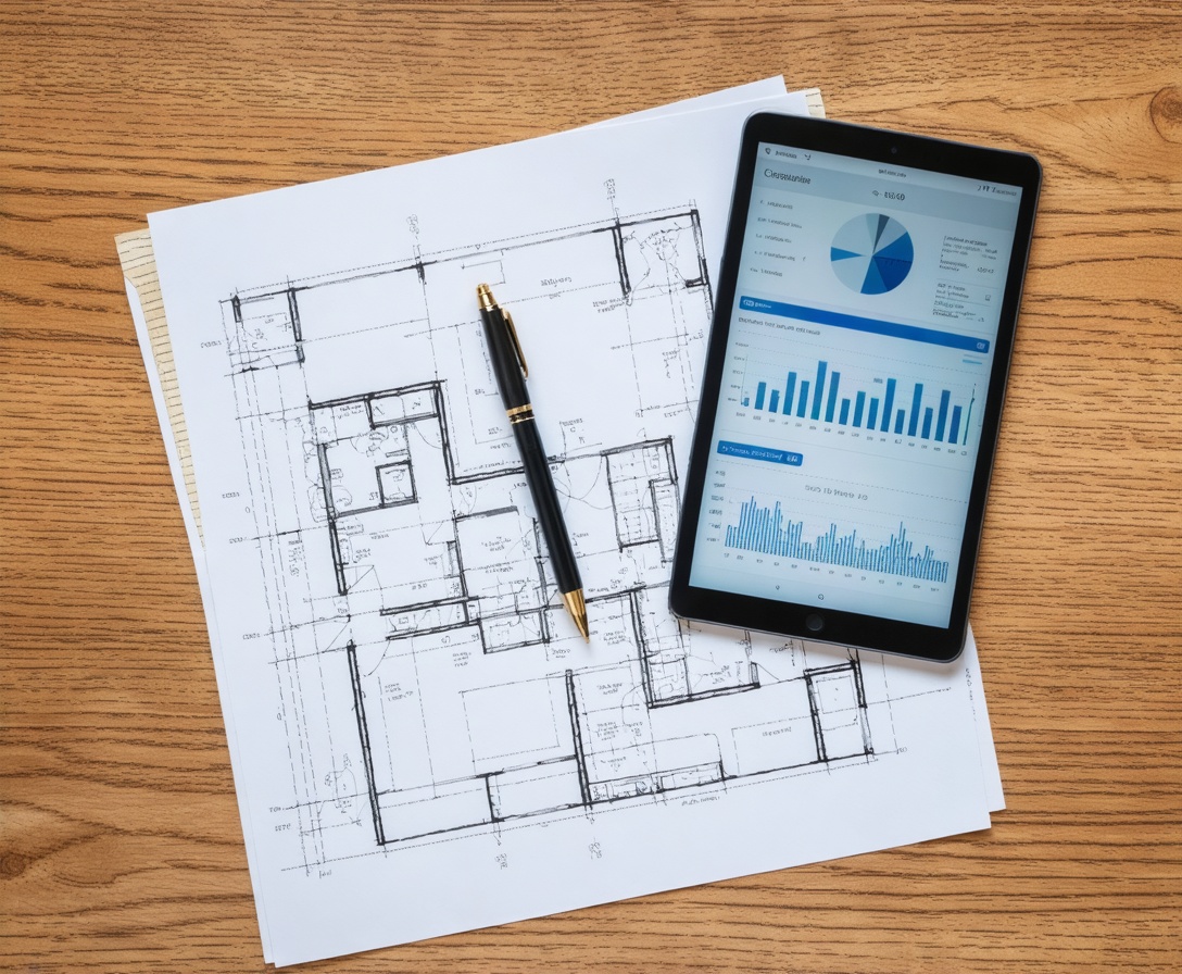 Nahaufnahme eines präzisen Bauplans auf einem modernen Schreibtisch