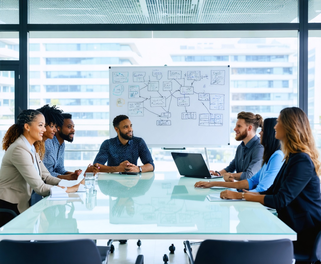 Ein Team von Experten bei einem intensiven Strategie-Workshop im hellen Konferenzraum